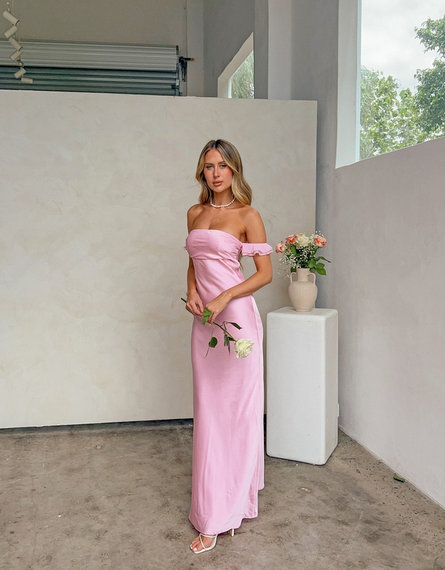 Beginning Boutique - Elvira Pink Satin Formal Maxi Dress