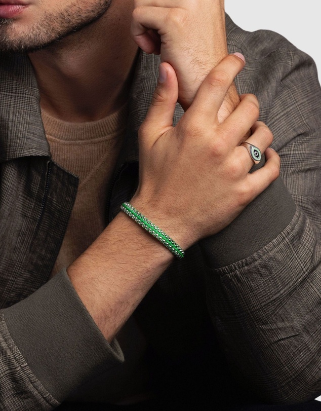 Nialaya Jewellery - Green Woven 8mm Box Chain Bracelet in Silver