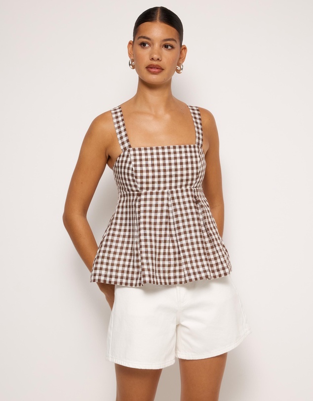 AERE - Gingham Linen Pleated Top