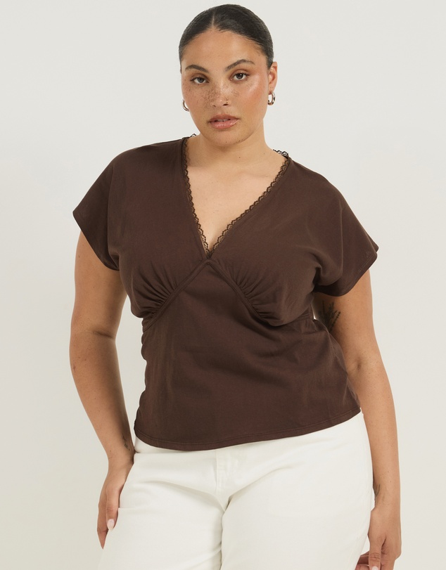 Atmos&Here Curvy - Rachel V-Neck Lace Trim T-Shirt