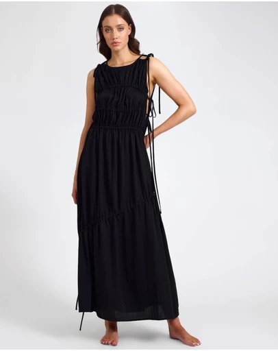 ONE TEASPOON - Evelyn Gathered Ruched Maxi Dress - Black