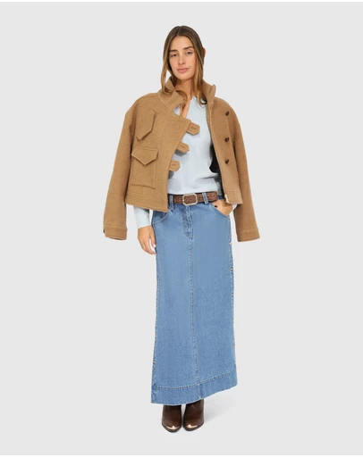 Belle & Bloom - Edge Line Denim Maxi Skirt with Side Buttons
