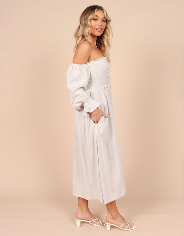 Petal & Pup - Domenica Shirred Long Sleeve Midi Dress - Beige Stripe