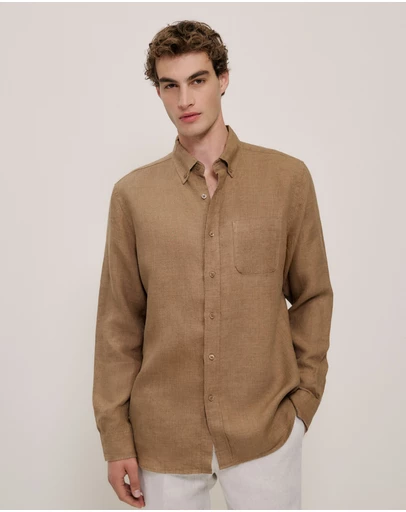 Trenery - Regular Fit Delave Linen Shirt in Amaretto