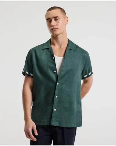 Calibre - Cuff Detail Short Sleeve Linen Shirt Sea Green
