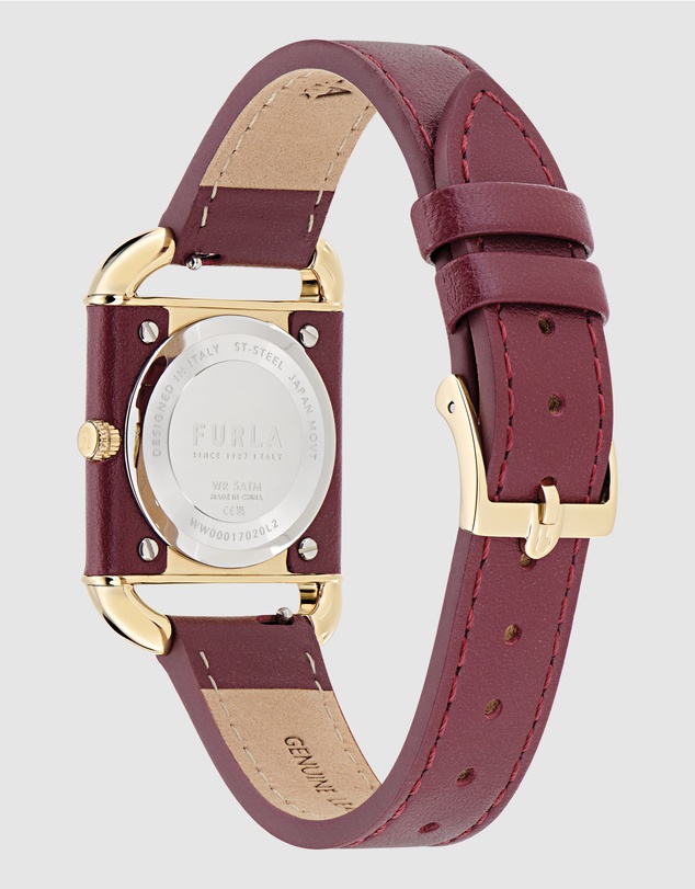 Furla - Arco Square Gold-Tone Dark Red Leather Watch