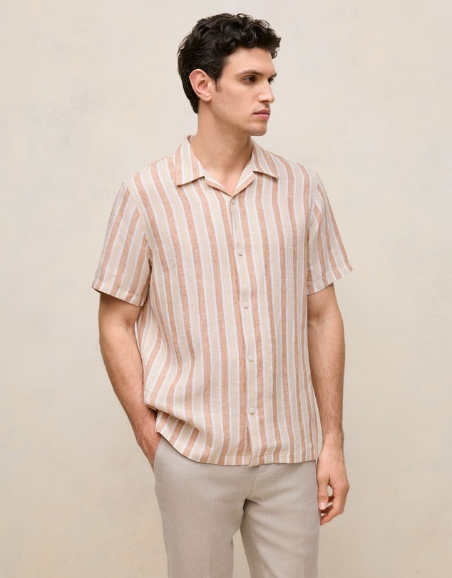 Trenery - Linen Tent Stripe Camp Shirt in Sand