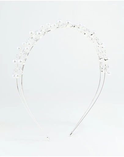 Lovisa - Silver Leaf Diamante Pearl Wire Layered Headband