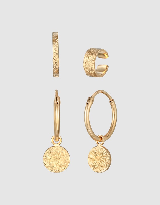 Elli Jewelry - Hammered Disc Earring and Ear Cuff Set in Gold-Plated 925 Silver
