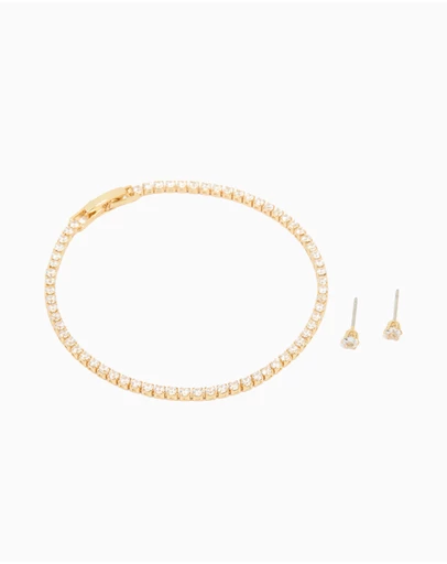 Lovisa - Gold Plated Small Cubic Zirconia Baguette Tennis Bracelet & Earrings Set