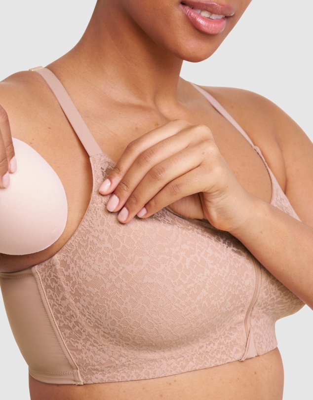 Natori - Pretty Smooth Zip Front Pocketed Post-Surgery Bra With Cotton & Lace
