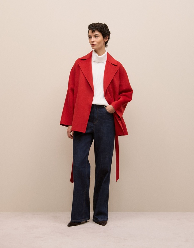 Trenery - Double Faced Wool Short Wrap Coat in Fire Red