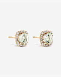 Michael Hill - Cushion Cut Green Amethyst Gemstone and 0.32 Carat TW Diamond Halo Stud Earrings in 10kt Yellow Gold