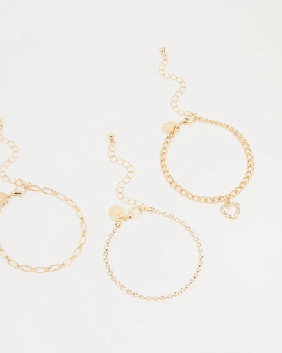 Lovisa - Gold Diamante Mixed Chain Heart Bracelets 3-Pack