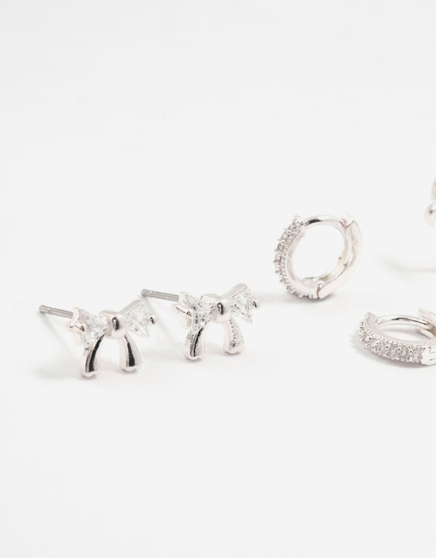 Lovisa - Silver Cubic Zirconia Bow Stud & Hoop Earrings 3-Pack