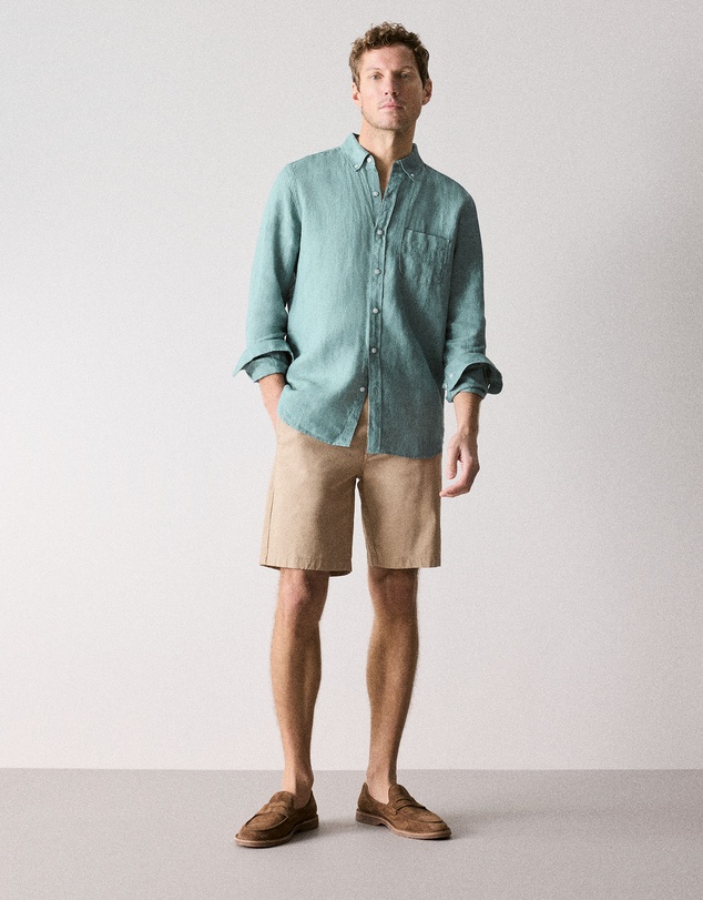 Trenery - Regular Fit Delave Linen Long Sleeve Shirt in Jade