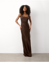 Six Stories - Square neck Satin Bridesmaid Dress with Chiffon Cape