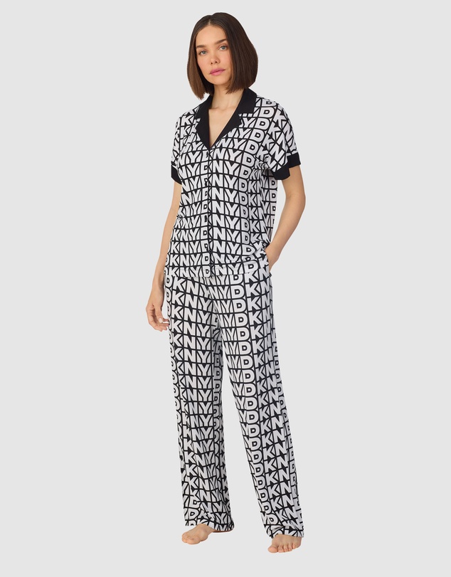 DKNY - Logo Print Viscose Jersey Button Up Short Sleeve Long Pyjama Set