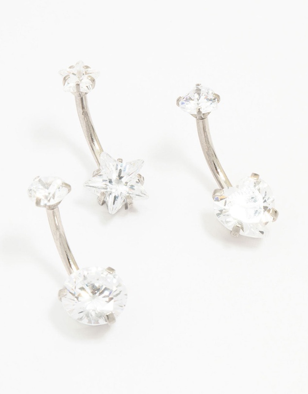 Lovisa - Surgical Steel Star & Heart Crystal Belly Piercing 3-Pack