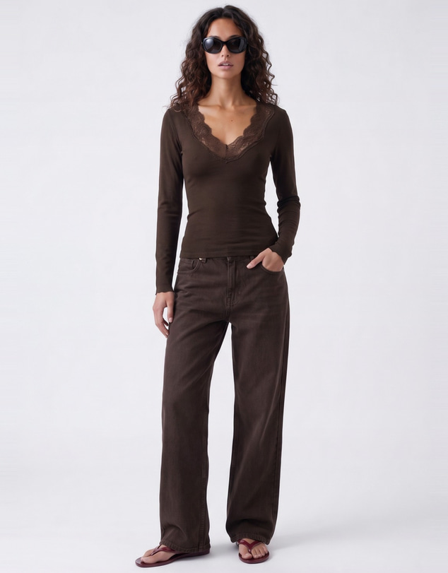Style Addict - Lia Lace Trim Long Sleeve Top - Chocolate
