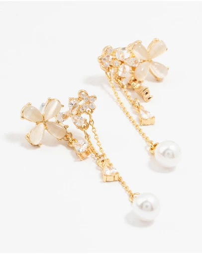 Lovisa - Gold Plated Flowers, Pearls & Pear Cubic Zirconia Drop Earrings
