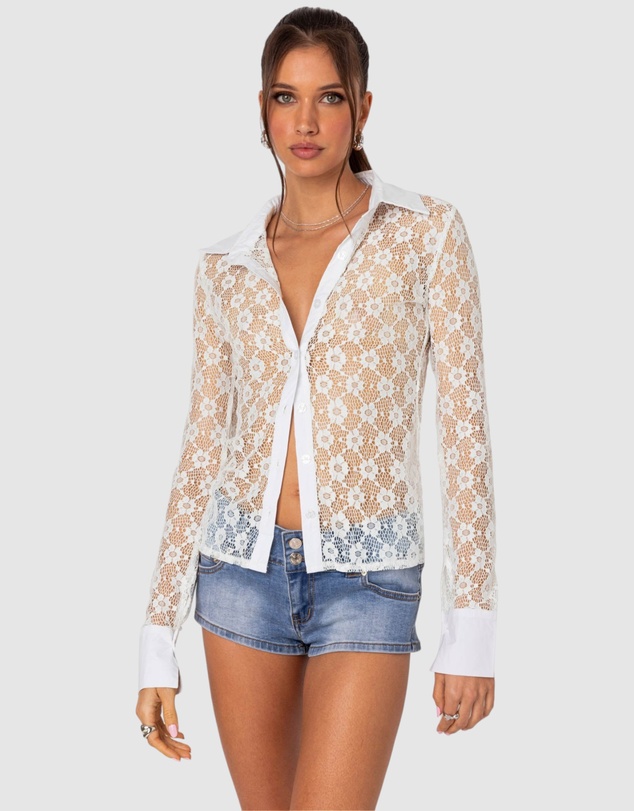 EDIKTED - Cecilia Sheer Lace Button Up Shirt