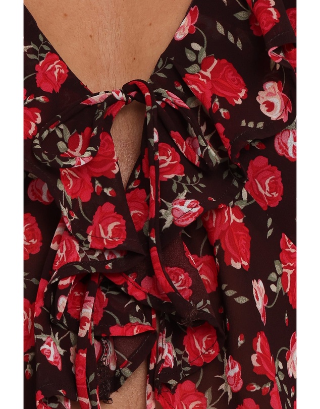 Petal & Pup - Aveline Chiffon Ruffle Front Top - Brown Floral