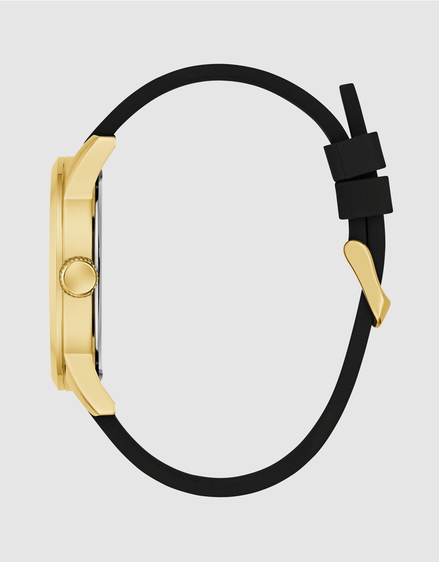 GUESS - Guess Triangle Men's 44mm Black Dial Gold-Tone Case and Black Leather Strap