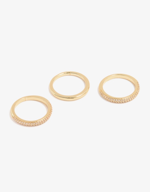 Lovisa - Gold Plated Cubic Zirconia Band Rings 3-Pack