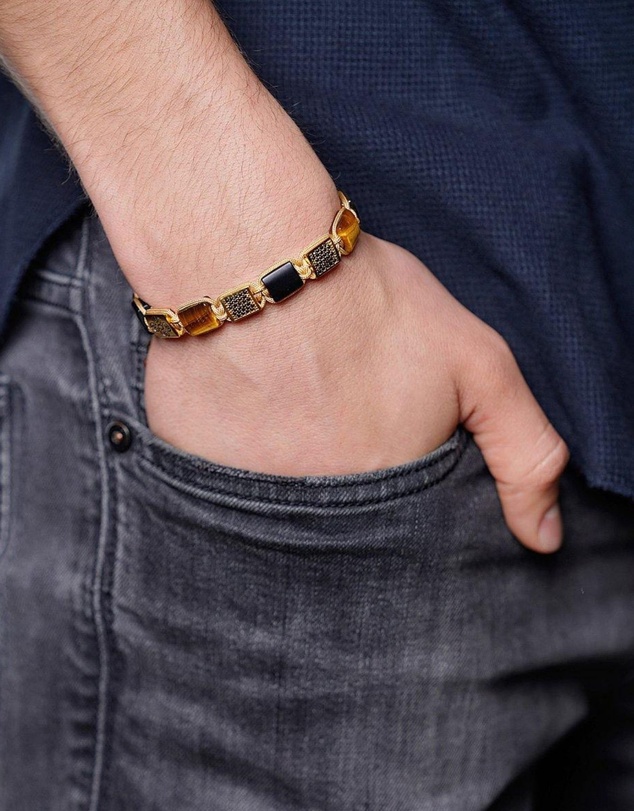 Nialaya Jewellery - Dorje Flatbead Collection - Matte Onyx and Brown Tiger Eye