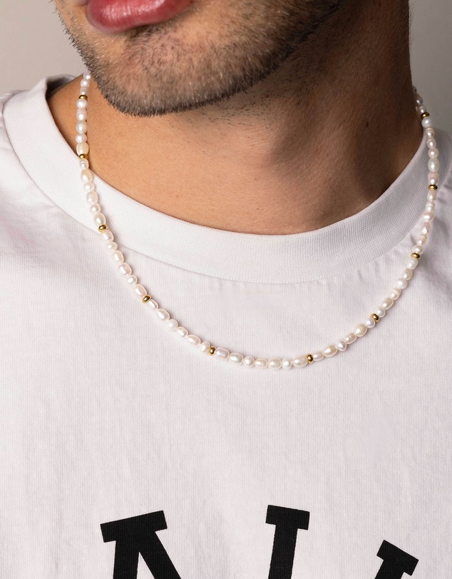 Nialaya Jewellery - Men's Mini Pearl Choker with Gold Plating