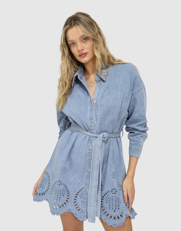 Belle & Bloom - Sunday Somewhere Denim Broderie Mini Shirt Dress