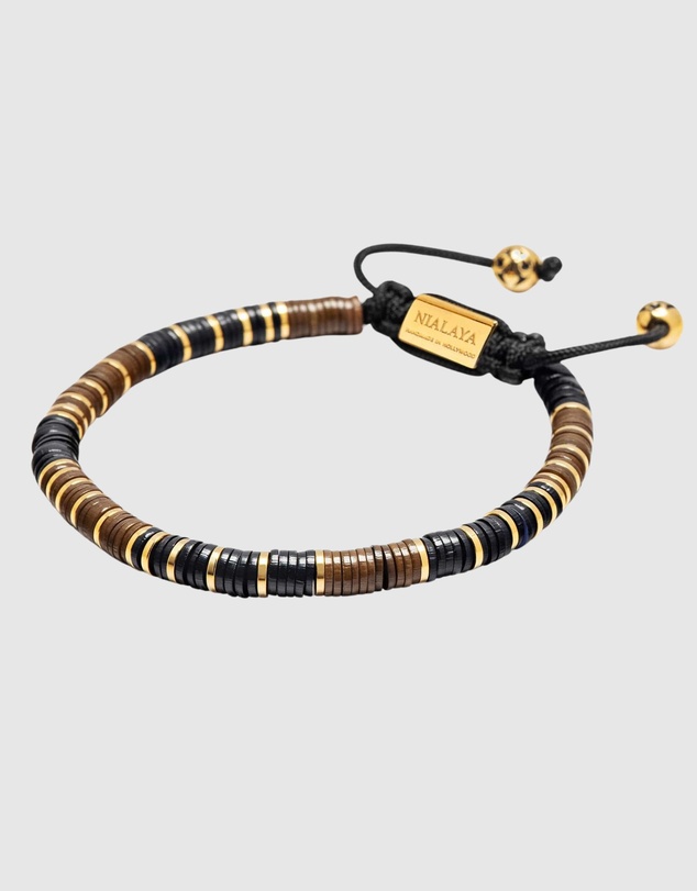 Nialaya Jewellery - Men's Beaded Bracelet with Black, Brown and Gold Disc Beads