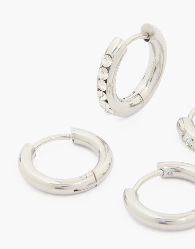 Lovisa - Waterproof Stainless Steel Cubic Zirconia & Smooth Chunky Huggie Earrings 2-Pack