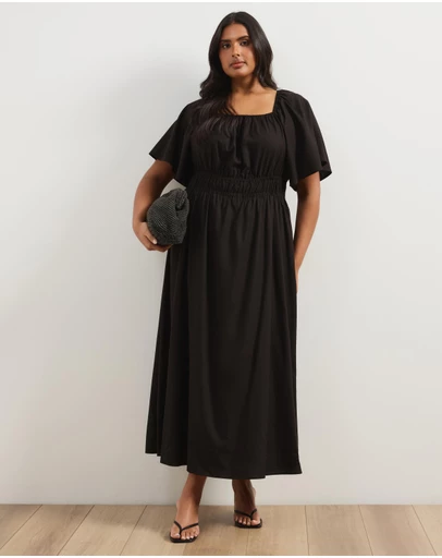 Atmos&Here Curvy - Linen Blend Maxi Dress With Flutter Sleeve