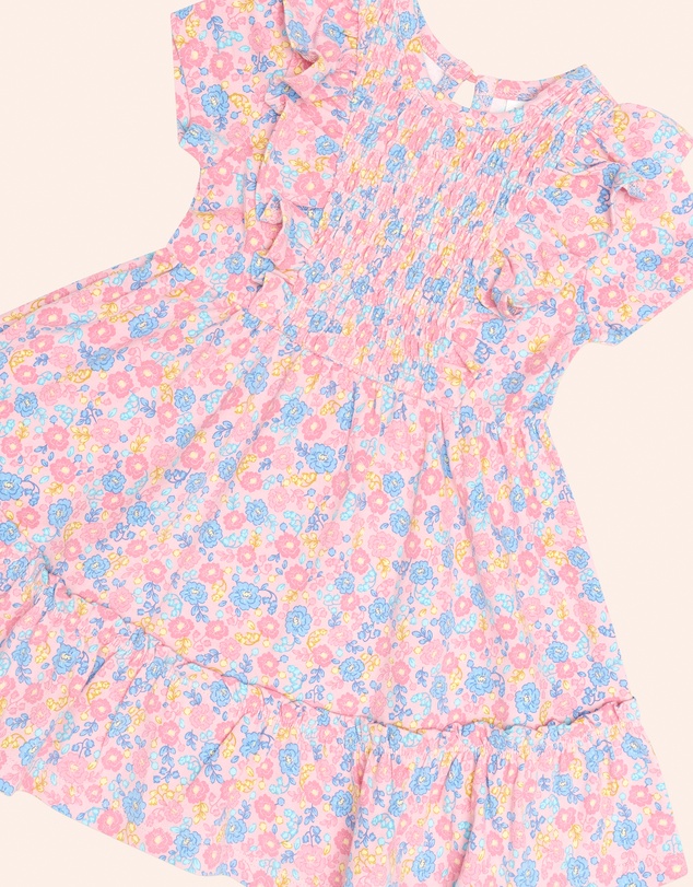 Huxbaby - Vintage Floral Shirred Short Sleeve Dress - Babies-Teens