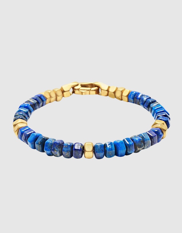 Nialaya Jewellery - Men's Hexagon Beaded Bracelet with Blue Lapis and Gold