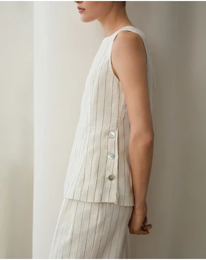 Trenery - Linen Pinstripe Sleeveless Top in Parchment