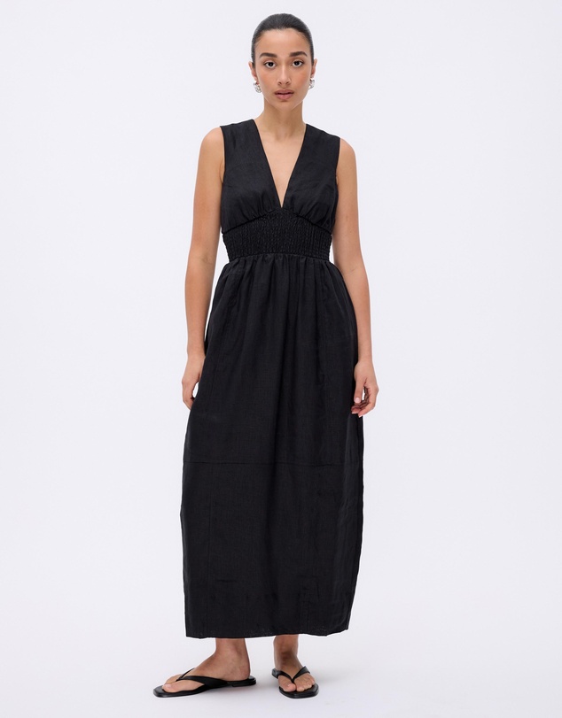 Minima Esenciales - Paloma Shirred Linen Midi Dress