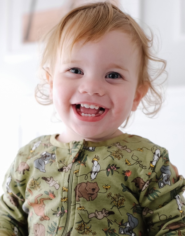 B Free Intimate Apparel - 100% Organic 2-Way Zip Sleepsuit - Baby & Toddler Khaki Native Aussie Animals