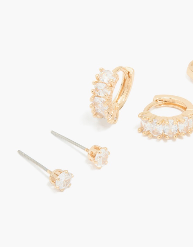 Lovisa - Gold Cubic Zirconia Hoop & Stud Earrings 3-Pack