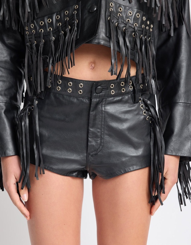 ONE TEASPOON - Rogue Rodeo Fringed Micro Leather Shorts - Black