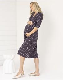 Angel Maternity - Eve Maternity Midi Wrap Dress in Brown Polka Dots