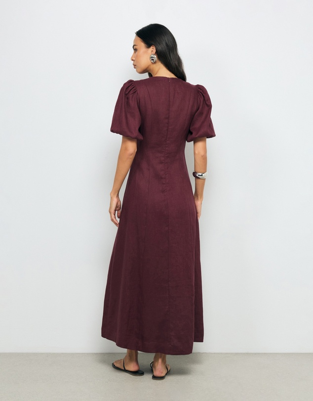 Revibe - Repaired AERE Lori Puff Sleeve Linen Midi Dress - AU 8