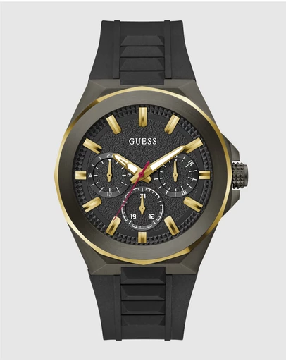 GUESS - Multifunction Gold-Tone 46mm Black Dial and Silicone Strap Men's Watch