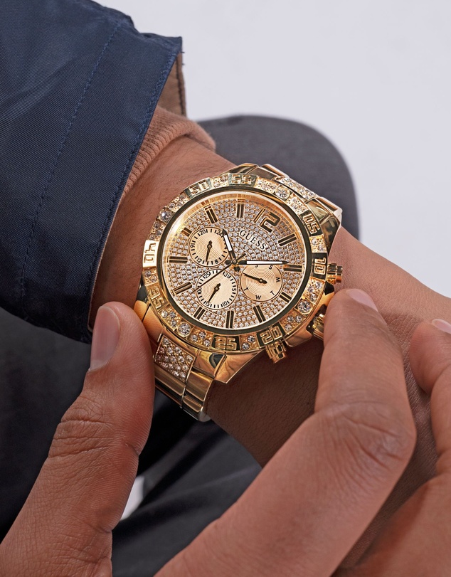 GUESS - Multi-function Men's 48mm Champagne Dial with Crystals and Gold-Tone Strap
