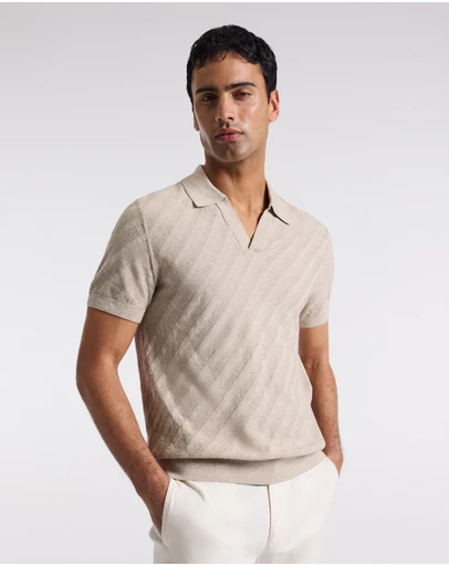 Calibre - Linen Blend Open Neck Polo Sand