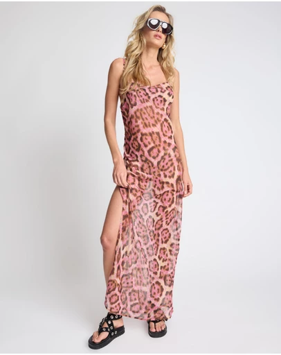 ONE TEASPOON - Rhiannon Ruched Long Slip Maxi Dress - Pink Leopard