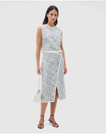 Oroton - Tweed Print Button Shell Top