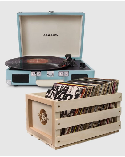 Crosley - Crosley Cruiser Bluetooth Portable Turntable - Turquoise + Bundled Crosley Record Storage Crate